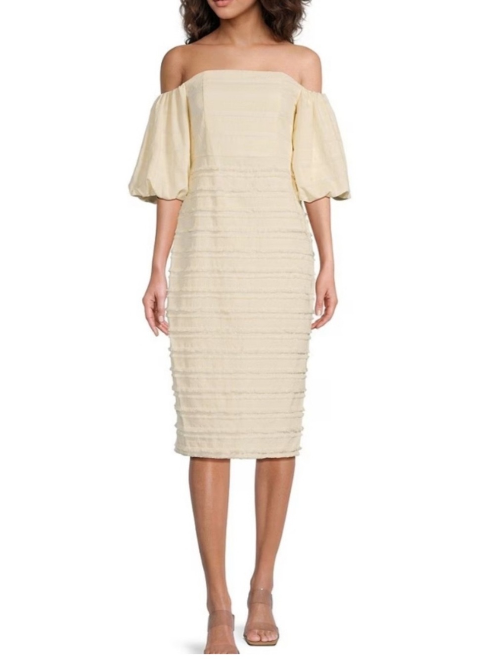 Badgley Mischka Cala Fringed Linen Off-The-Shoulder Puff Sleeve Midi Dress